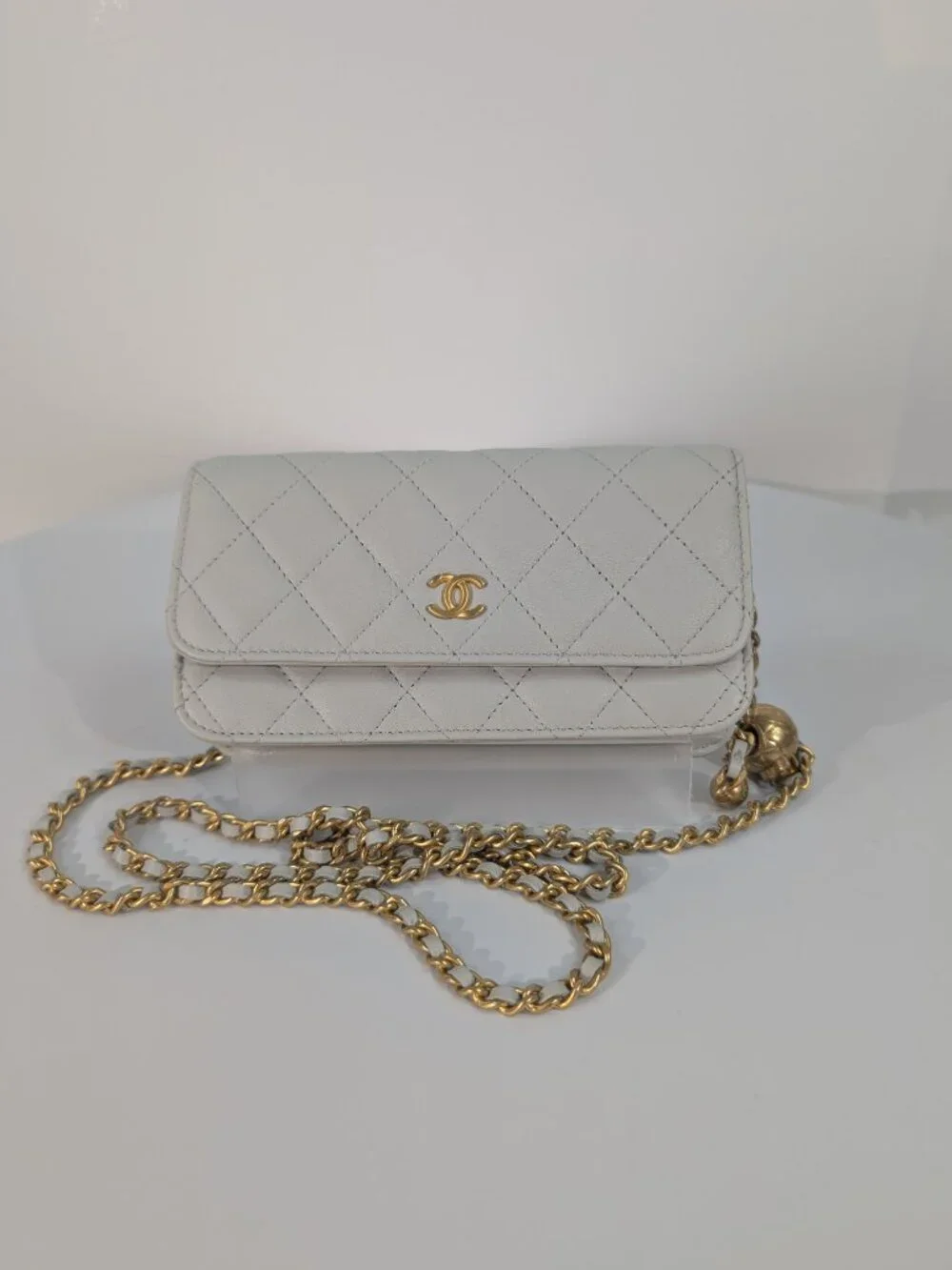 Chanel Light Grey Wallet on Chain (WOC) with Gold Charm